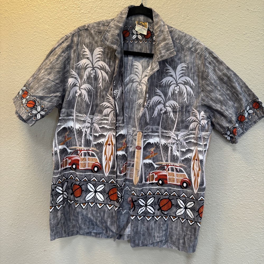 Vintage Hawaiian Surf Gray Casual Button Down Shirt